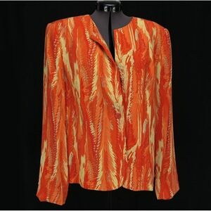 VTG Sandra Blazer 100% Silk Abstract Feather Print Orange Yellow Jacket Size 14